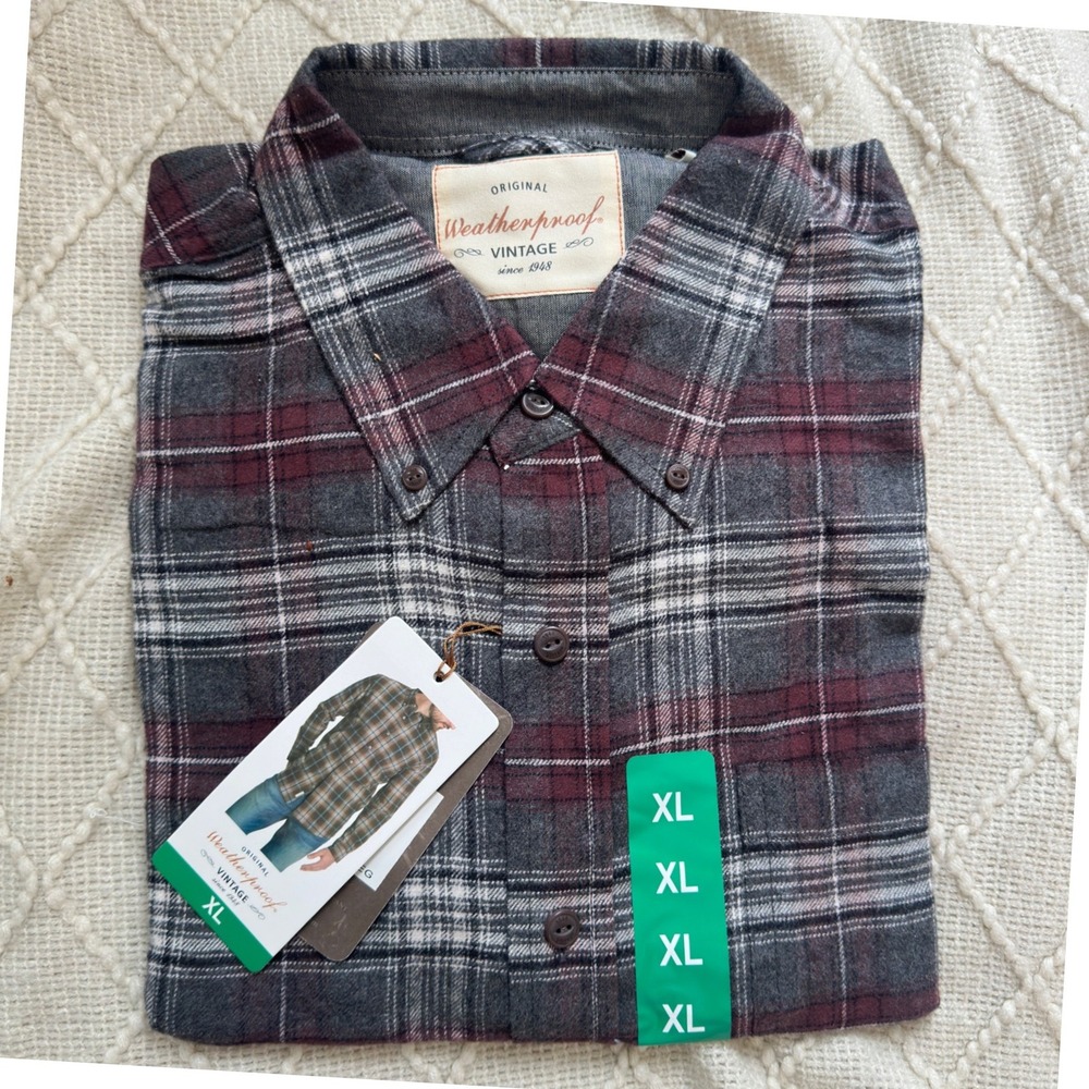 Weatherproof Vintage Shirt Burgundy Grey Plaid Flannel Button Down XL NEW
